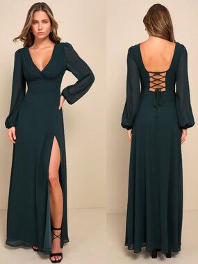 Lulus Marvelous Affair Pleated Bodice Lace-Up Maxi Dress Green L